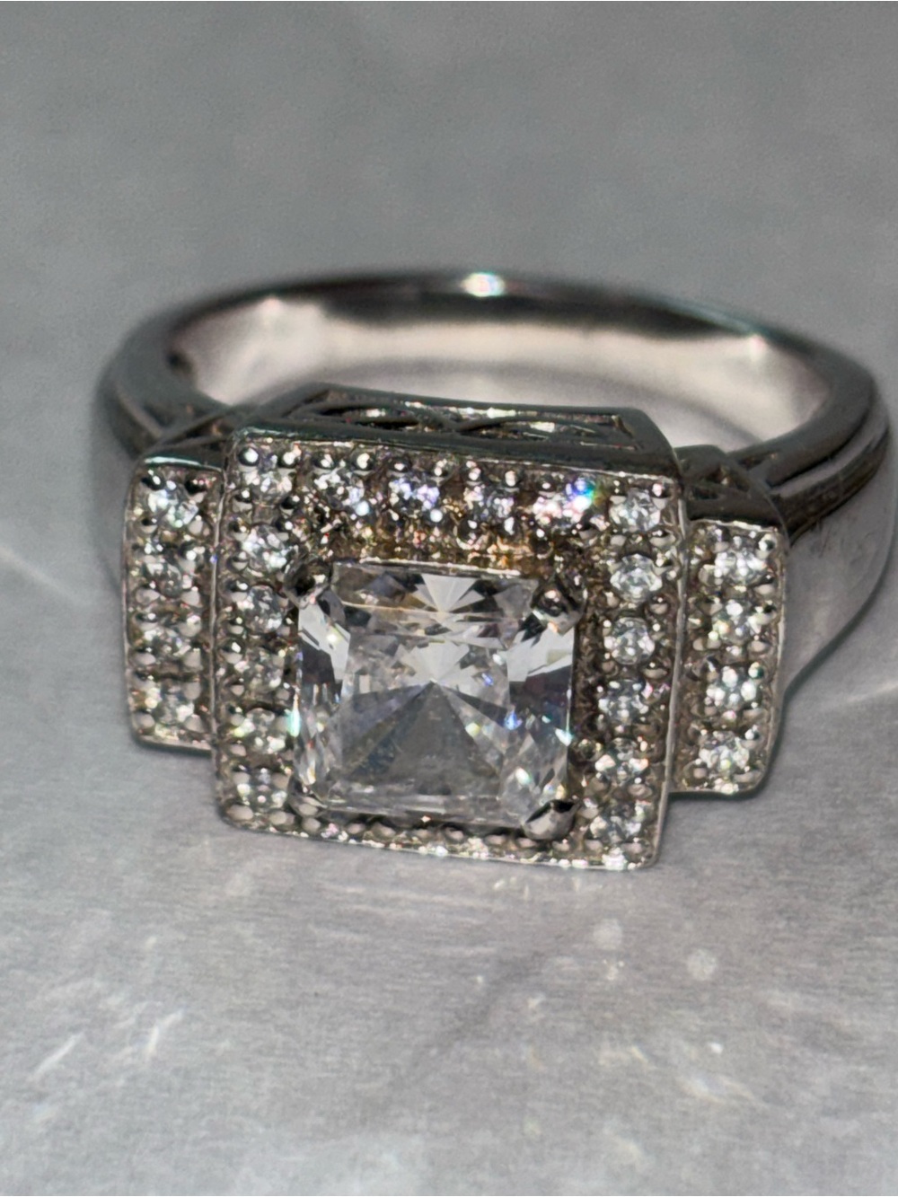 Silver 925 Square Halo Statement Ring with Clear cubic zirconia Center Stone